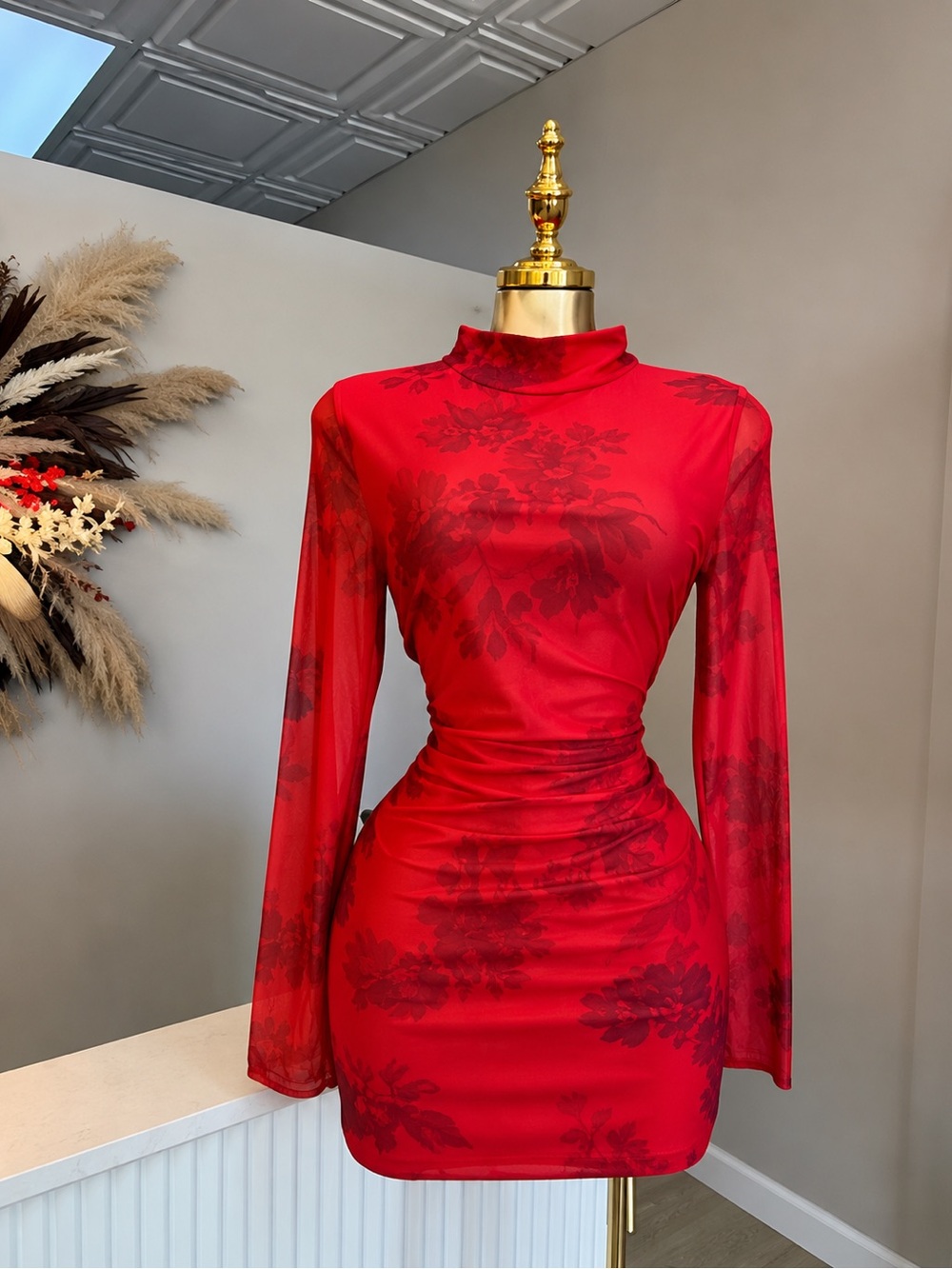Red Floral Long-Sleeve Bodycon Dress